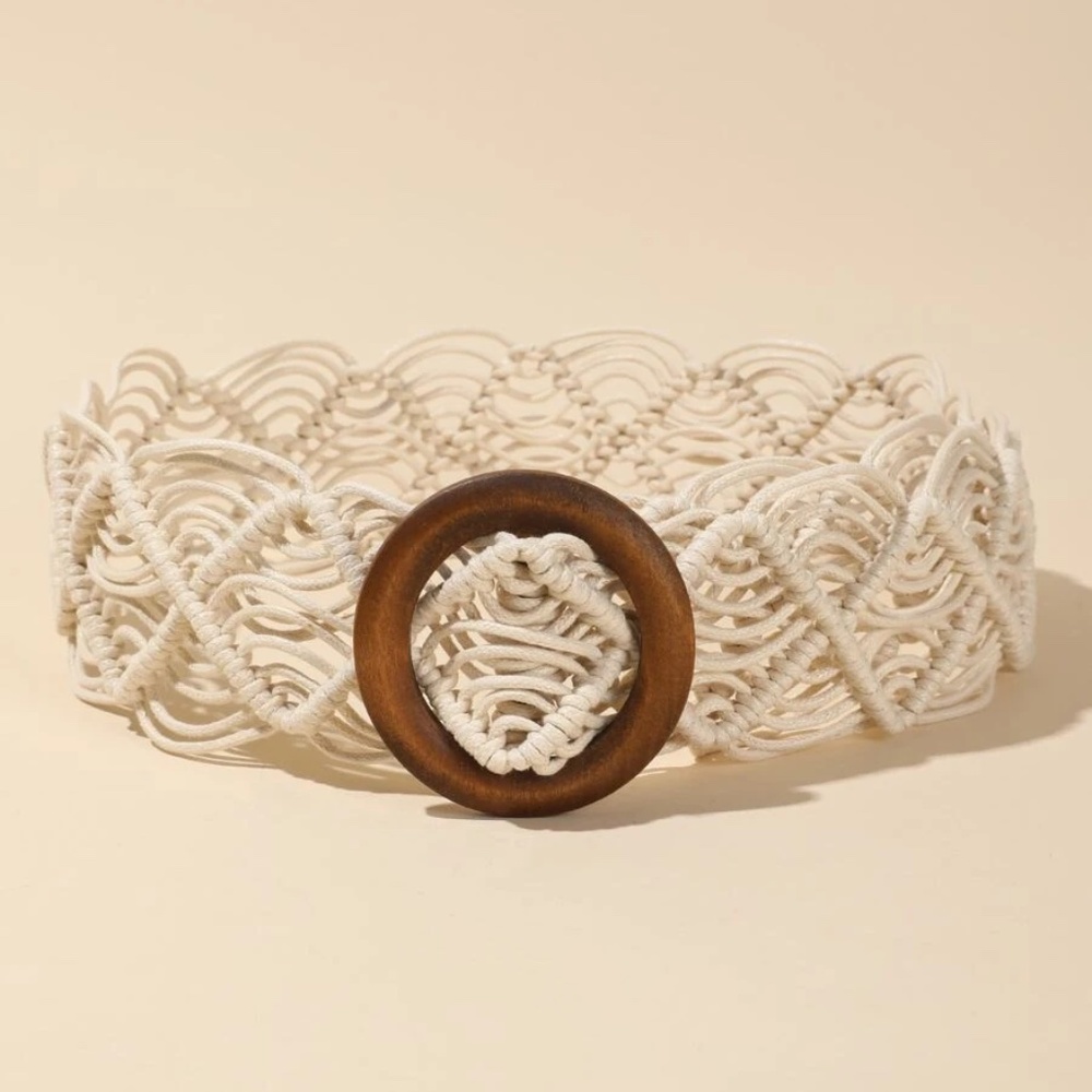 Boho Cream Circle Buckle Woven Belt - Picture 1 of 6